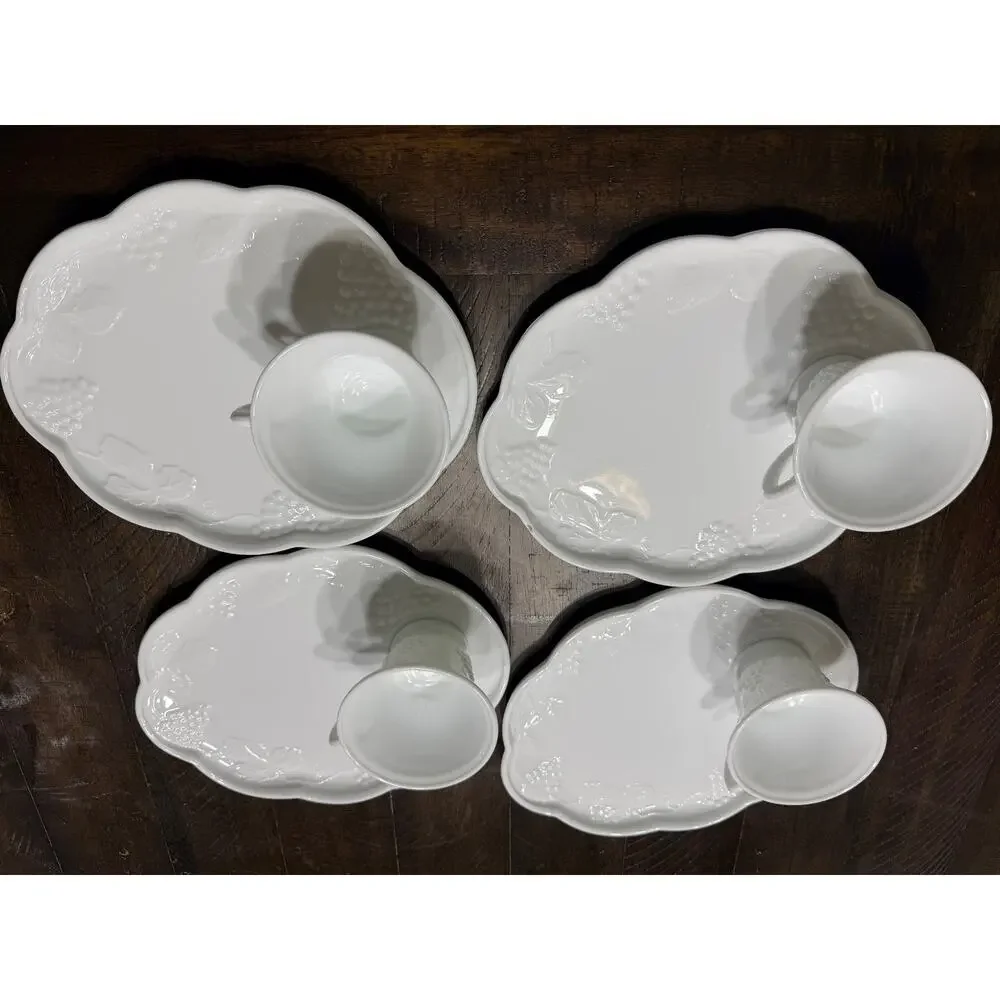 Set of 4 Vintage White Milk Glass Grapes & Vines Snack Plates Cups Snack Sets